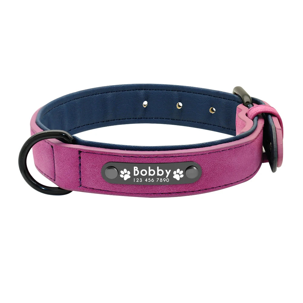 Collar Personalizado de Cuero para Perros | Collar con ID Acolchado Interior Grabado con Nombre - Pitbull, Bulldog
