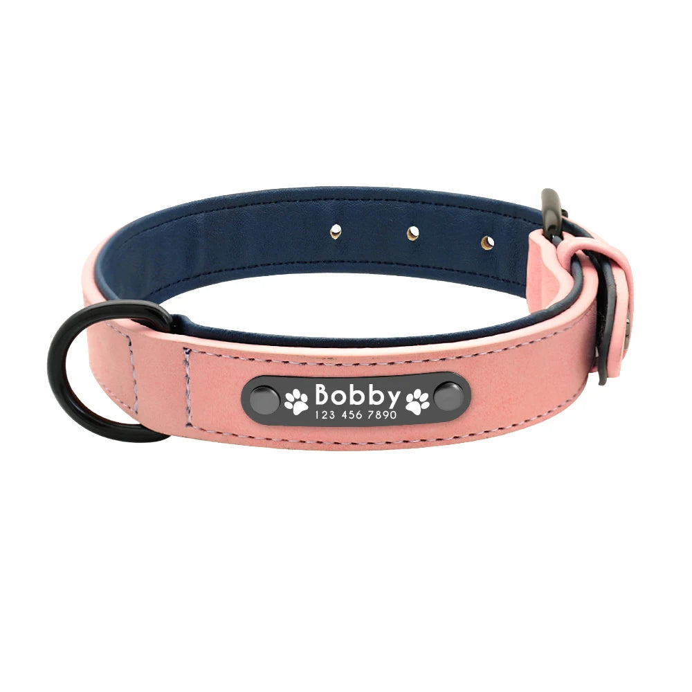 Collar Personalizado de Cuero para Perros | Collar con ID Acolchado Interior Grabado con Nombre - Pitbull, Bulldog