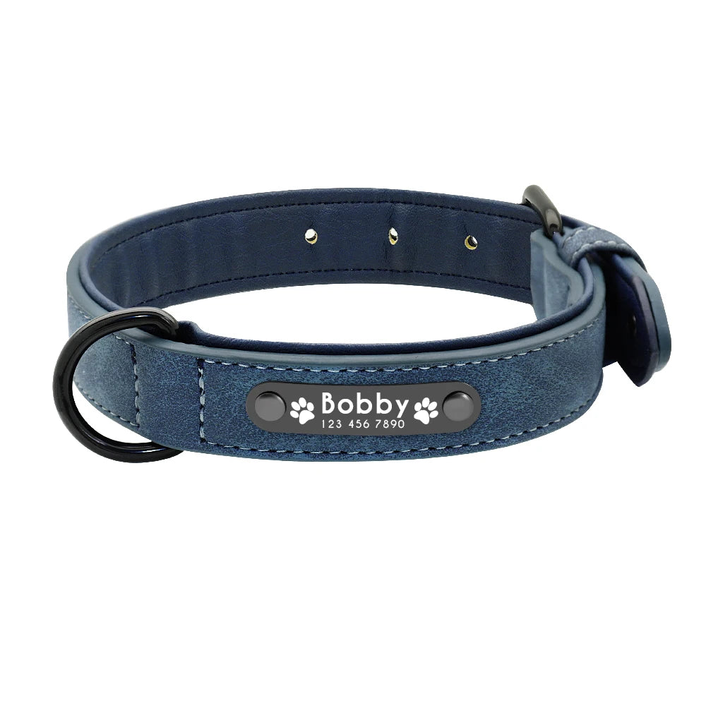 Collar Personalizado de Cuero para Perros | Collar con ID Acolchado Interior Grabado con Nombre - Pitbull, Bulldog