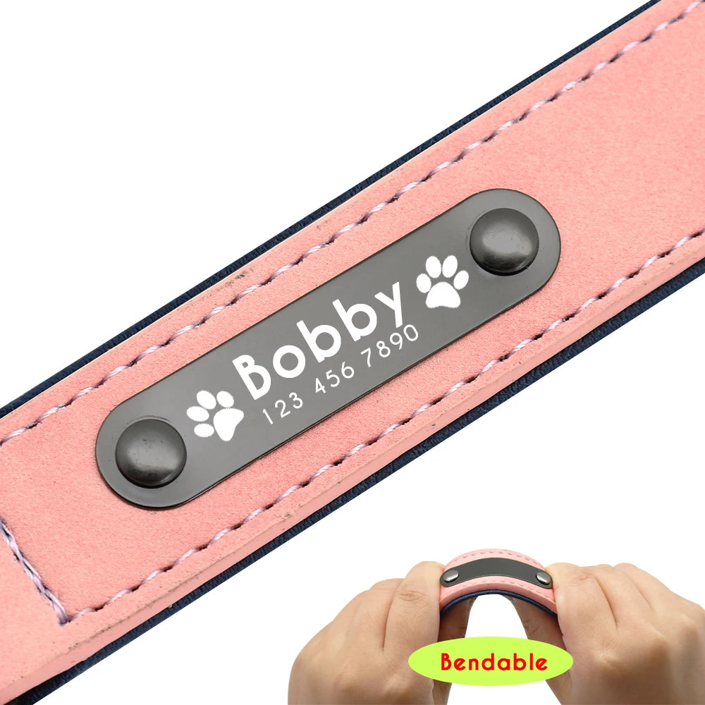 Collar Personalizado de Cuero para Perros | Collar con ID Acolchado Interior Grabado con Nombre - Pitbull, Bulldog