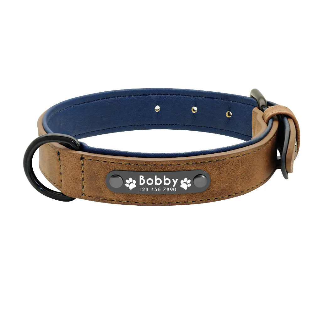 Collar Personalizado de Cuero para Perros | Collar con ID Acolchado Interior Grabado con Nombre - Pitbull, Bulldog