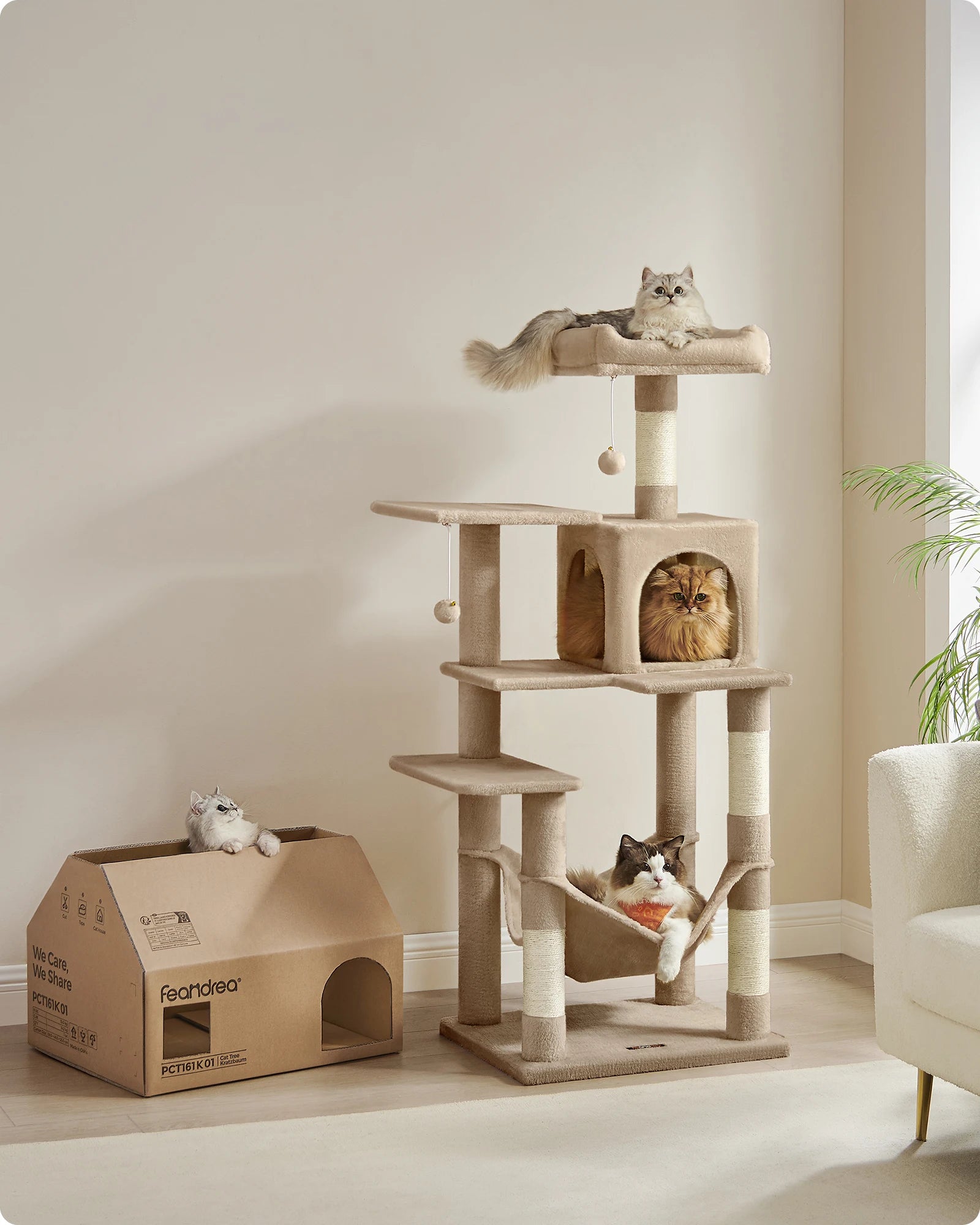 Árbol Rascador para Gatos 143 cm | Torre con Cueva, Rascadores y Perchas – Modelo Feandrea