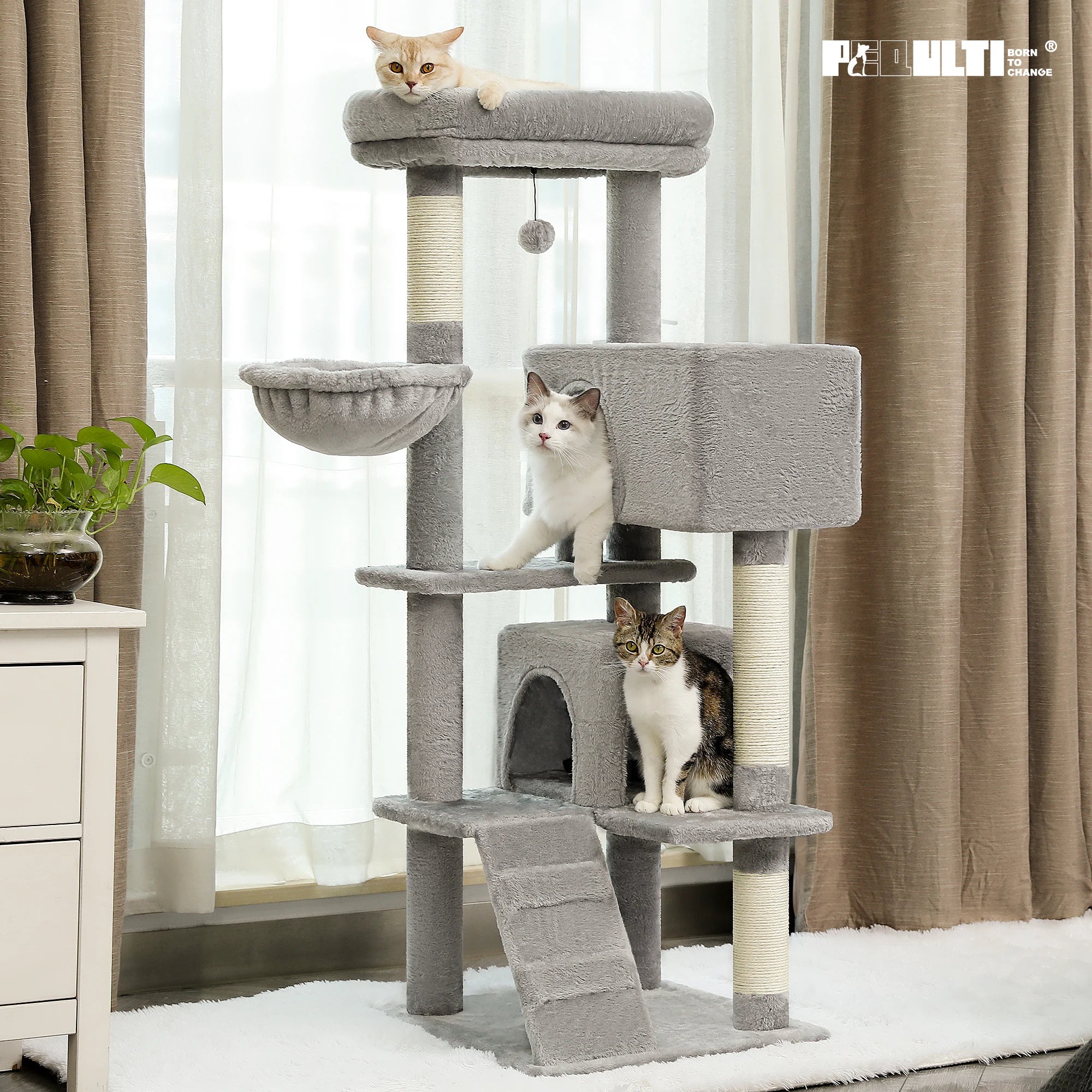 Árbol para Gatos con Juguete | Torre con Cueva, Hamaca, Percha Acolchada y Postes de Sisal