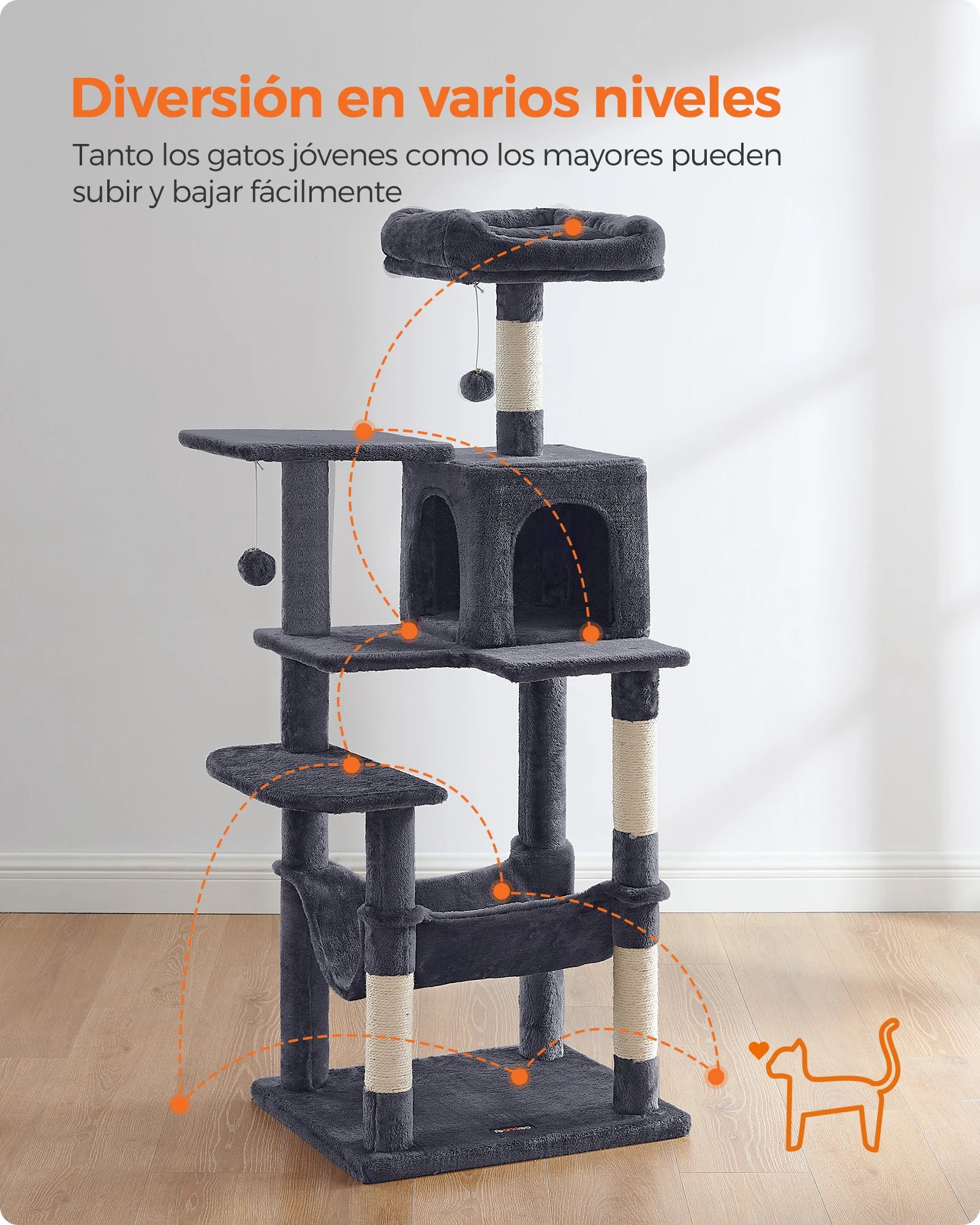 Árbol Rascador para Gatos 143 cm | Torre con Cueva, Rascadores y Perchas – Modelo Feandrea