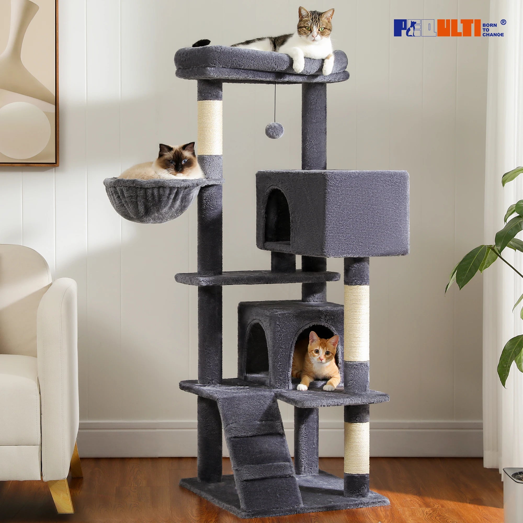 Árbol para Gatos con Juguete | Torre con Cueva, Hamaca, Percha Acolchada y Postes de Sisal