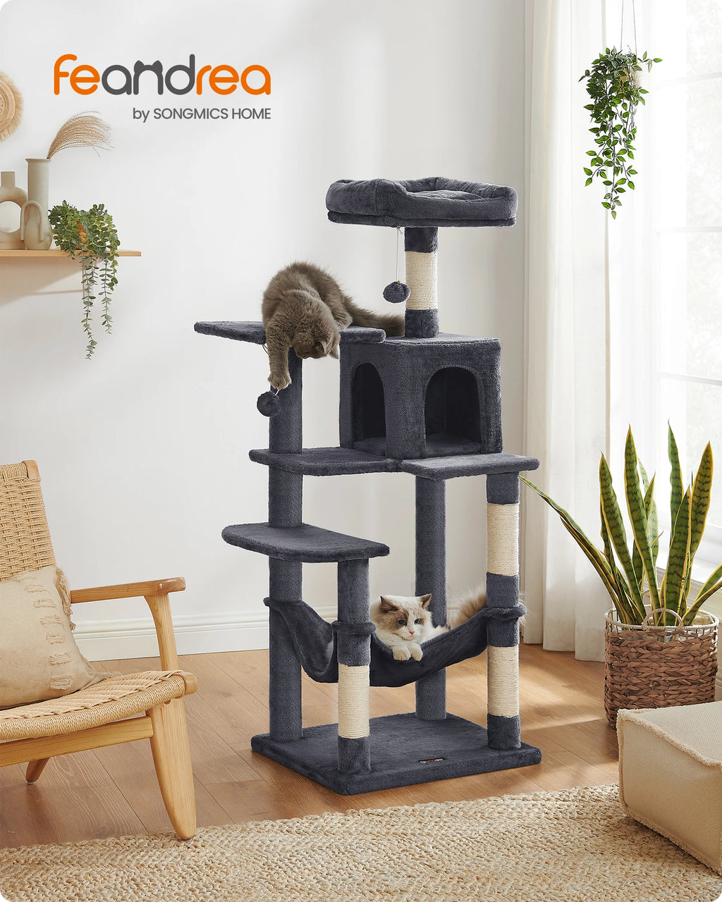 Árbol Rascador para Gatos 143 cm | Torre con Cueva, Rascadores y Perchas – Modelo Feandrea