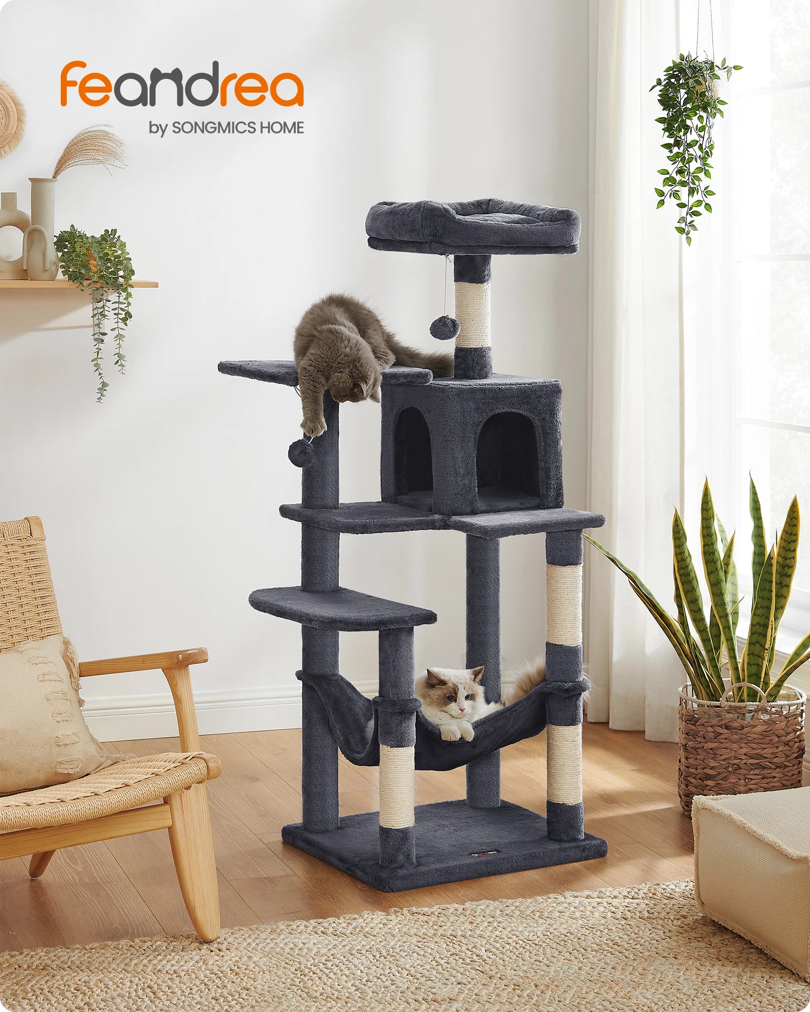 Árbol Rascador para Gatos 143 cm | Torre con Cueva, Rascadores y Perchas – Modelo Feandrea