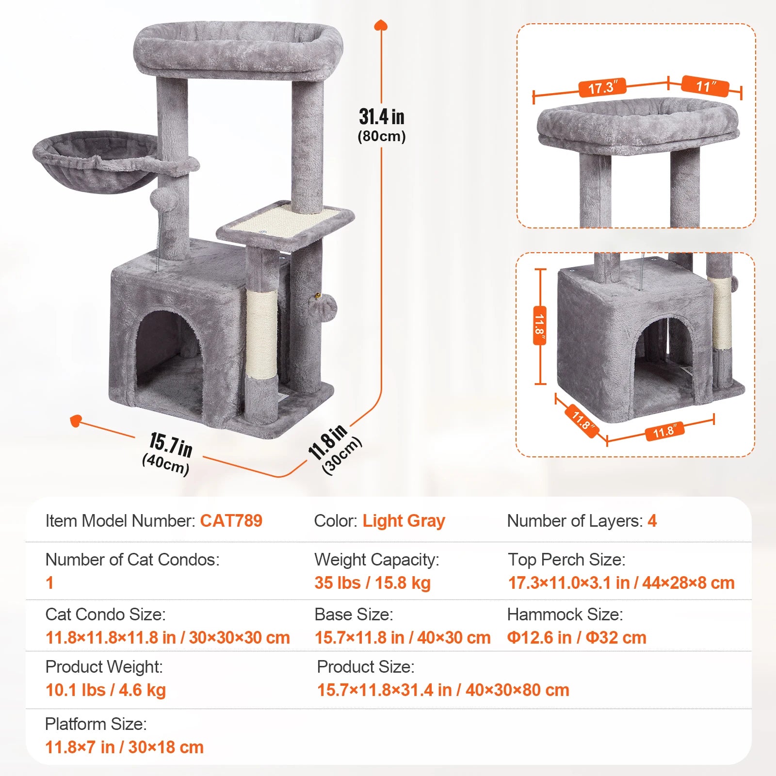 Árbol Rascador SucceBuy para Gatos de Interior | Torre con Cueva, Poste de Sisal, Hamaca y Plataformas - Gris Oscuro