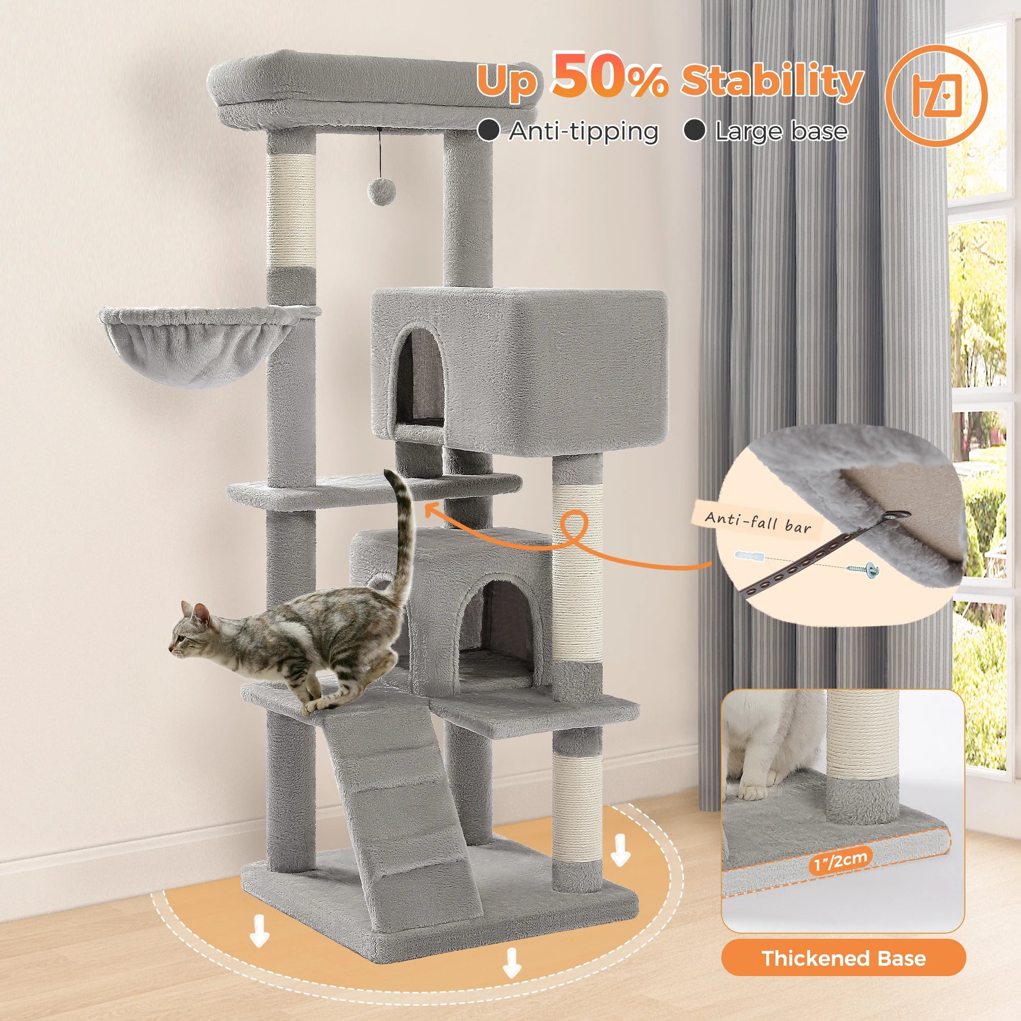Árbol para Gatos con Juguete | Torre con Cueva, Hamaca, Percha Acolchada y Postes de Sisal