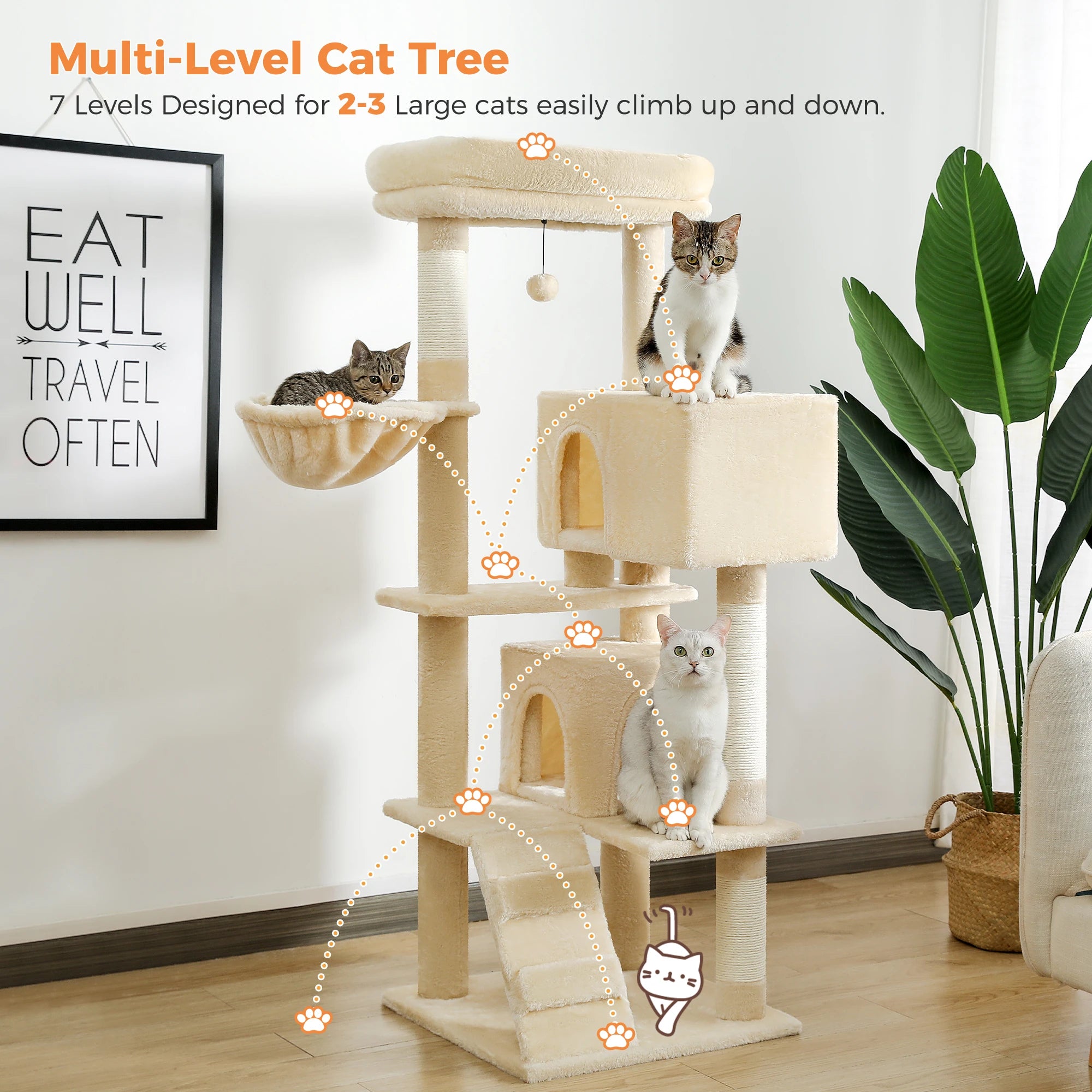 Árbol para Gatos con Juguete | Torre con Cueva, Hamaca, Percha Acolchada y Postes de Sisal