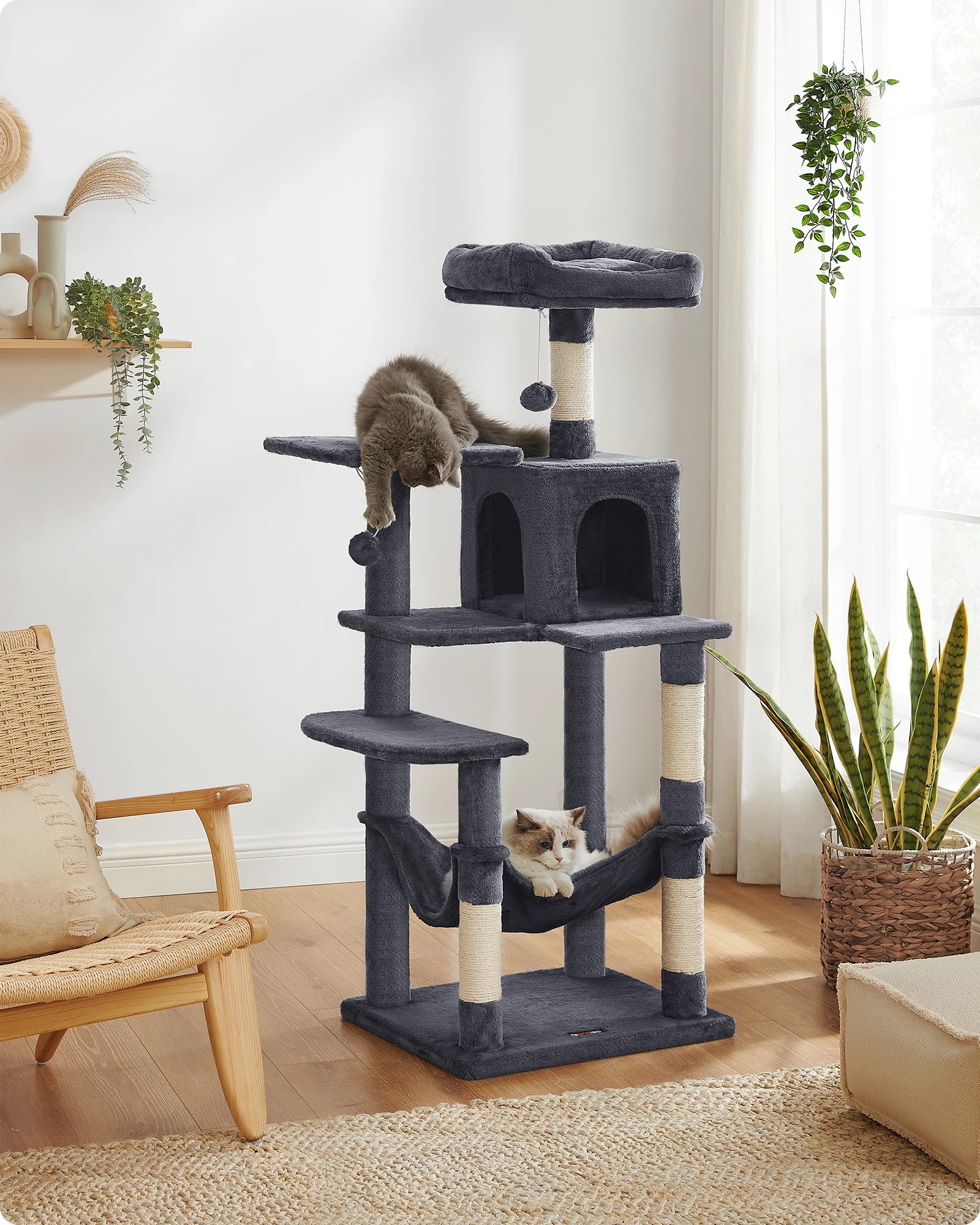 Árbol Rascador para Gatos 143 cm | Torre con Cueva, Rascadores y Perchas – Modelo Feandrea
