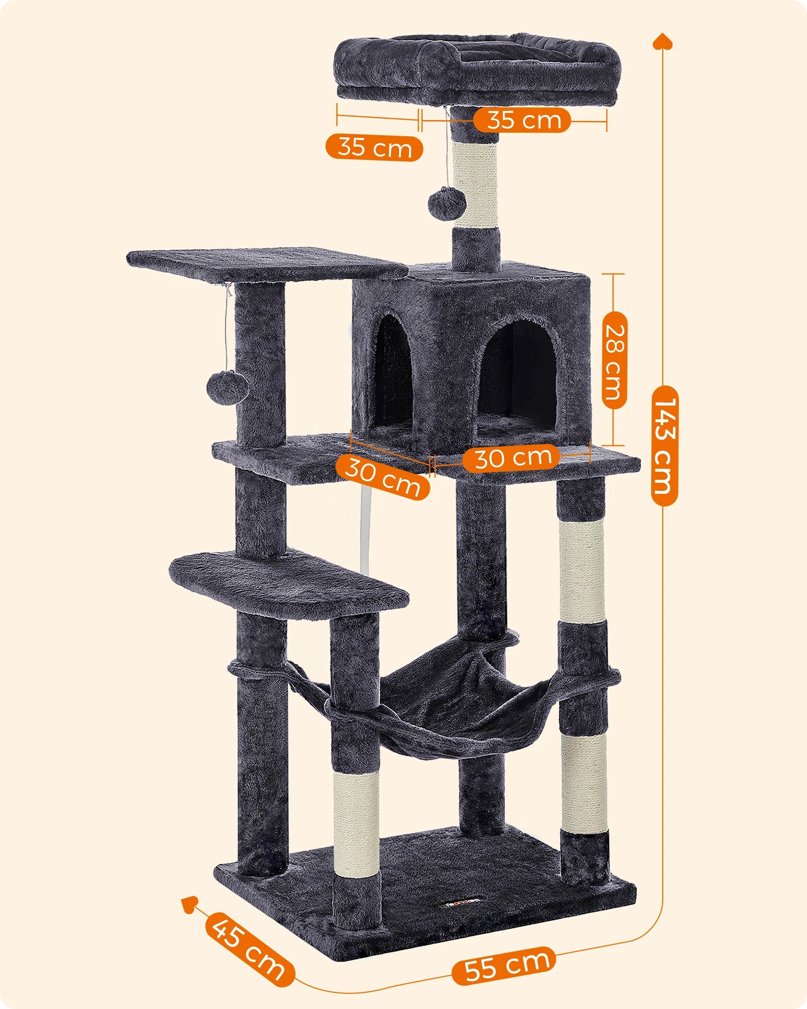 Árbol Rascador para Gatos 143 cm | Torre con Cueva, Rascadores y Perchas – Modelo Feandrea