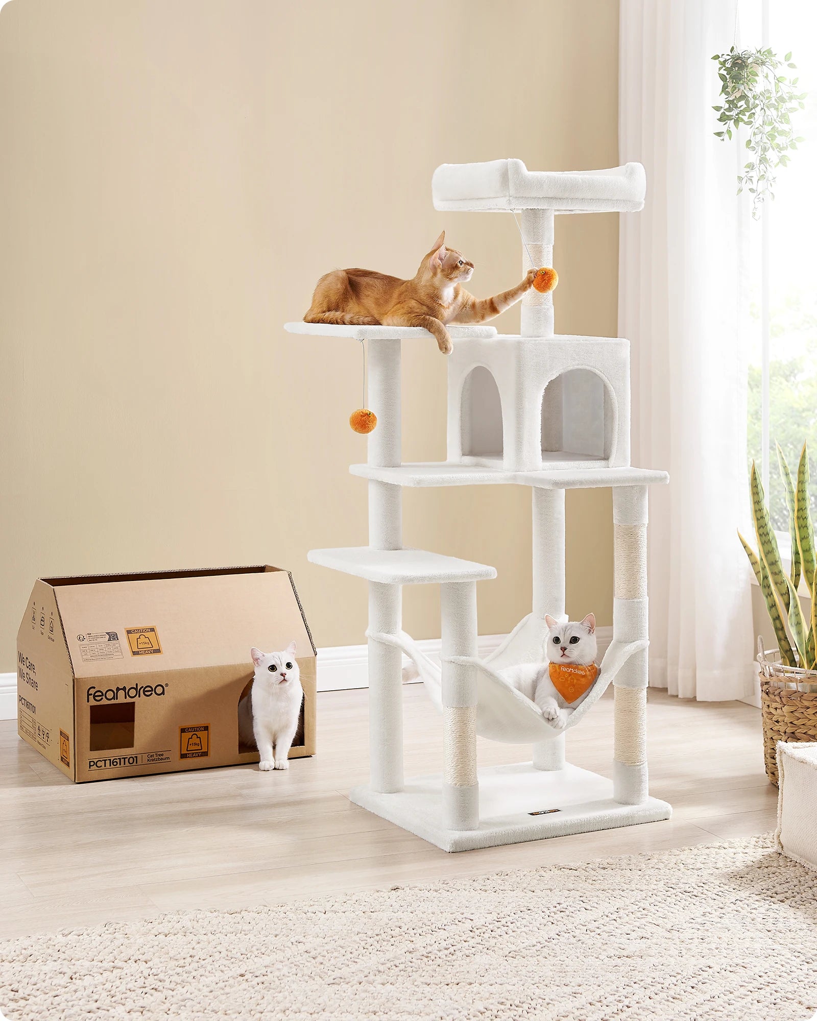 Árbol Rascador para Gatos 143 cm | Torre con Cueva, Rascadores y Perchas – Modelo Feandrea