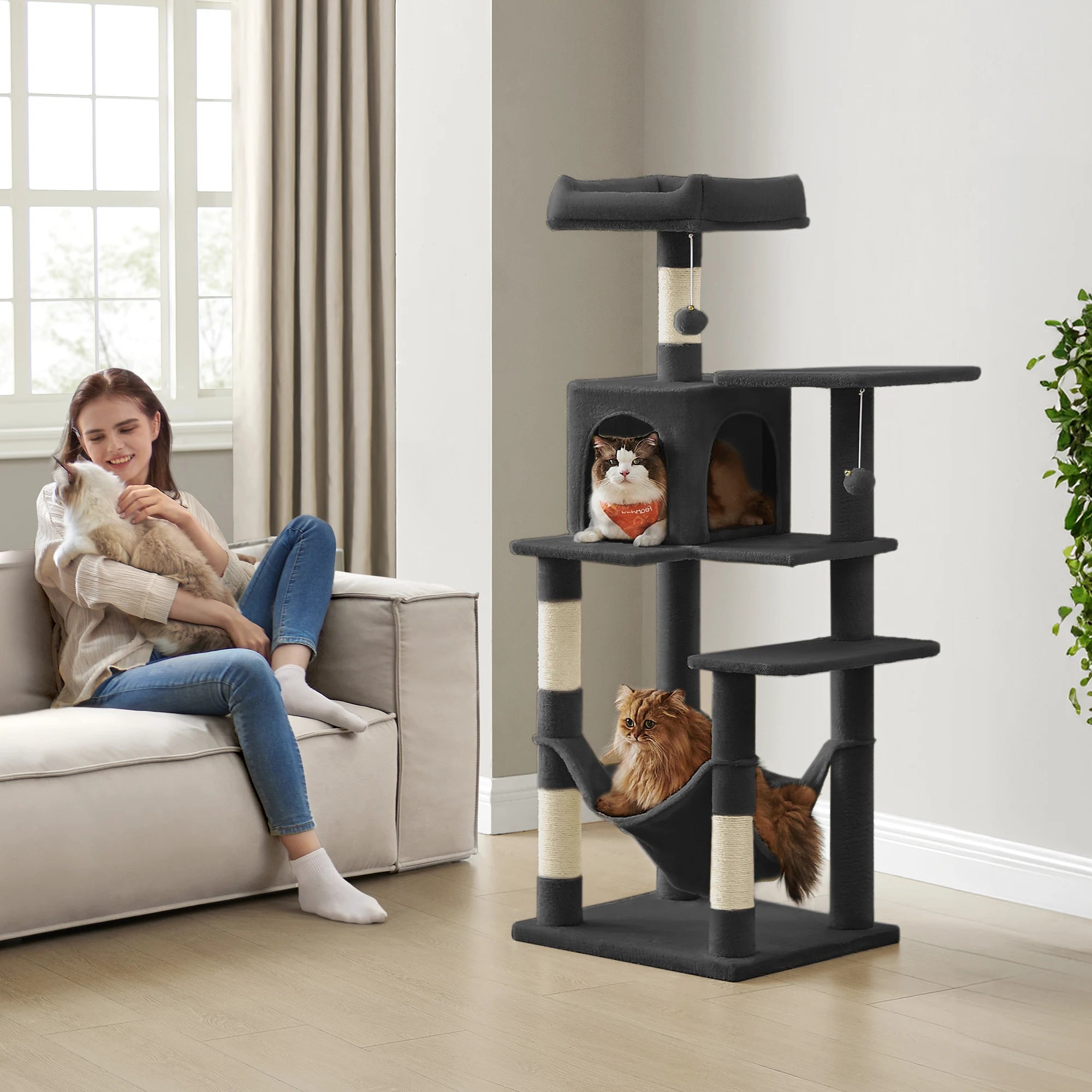 Árbol Rascador para Gatos 143 cm | Torre con Cueva, Rascadores y Perchas – Modelo Feandrea