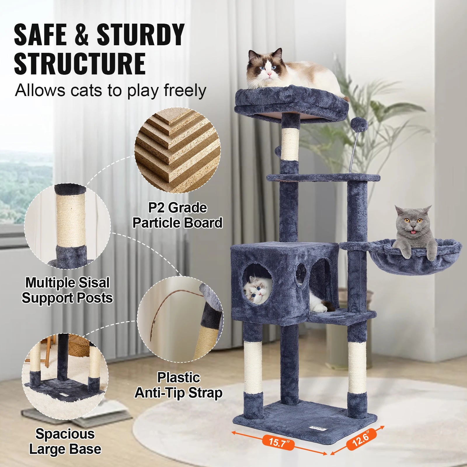 Árbol Rascador SucceBuy para Gatos de Interior | Torre con Cueva, Poste de Sisal, Hamaca y Plataformas - Gris Oscuro
