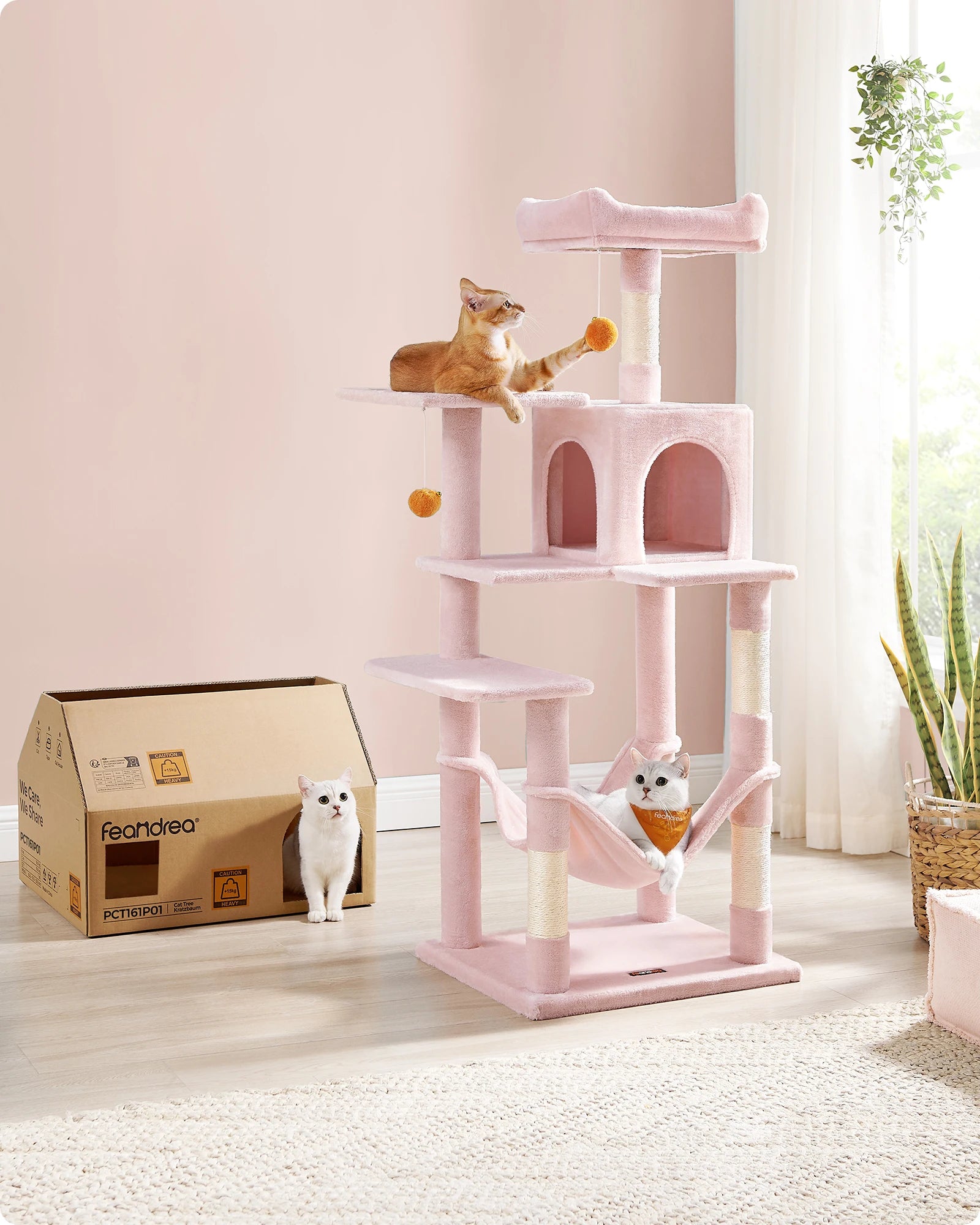 Árbol Rascador para Gatos 143 cm | Torre con Cueva, Rascadores y Perchas – Modelo Feandrea
