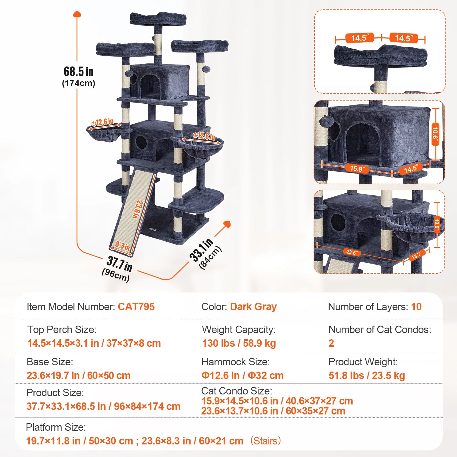 Árbol Rascador SucceBuy para Gatos de Interior | Torre con Cueva, Poste de Sisal, Hamaca y Plataformas - Gris Oscuro