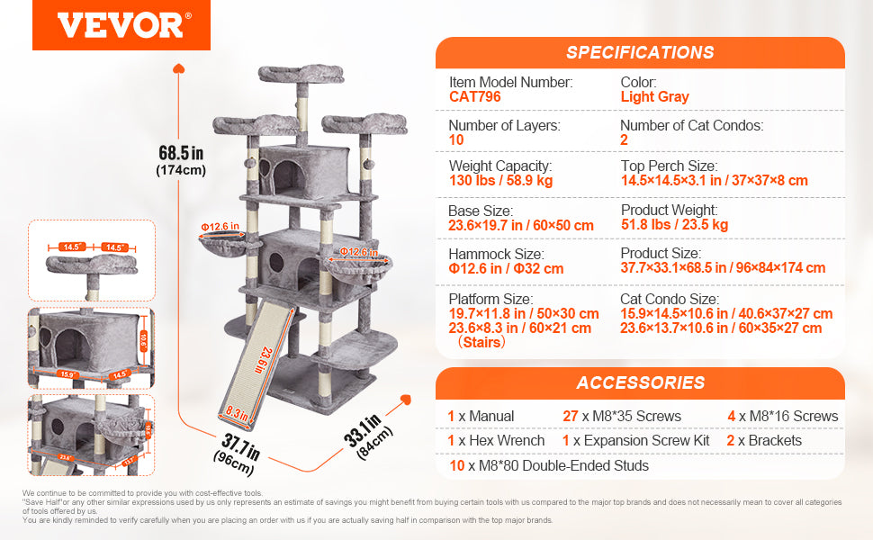 Árbol Rascador SucceBuy para Gatos de Interior | Torre con Cueva, Poste de Sisal, Hamaca y Plataformas - Gris Oscuro