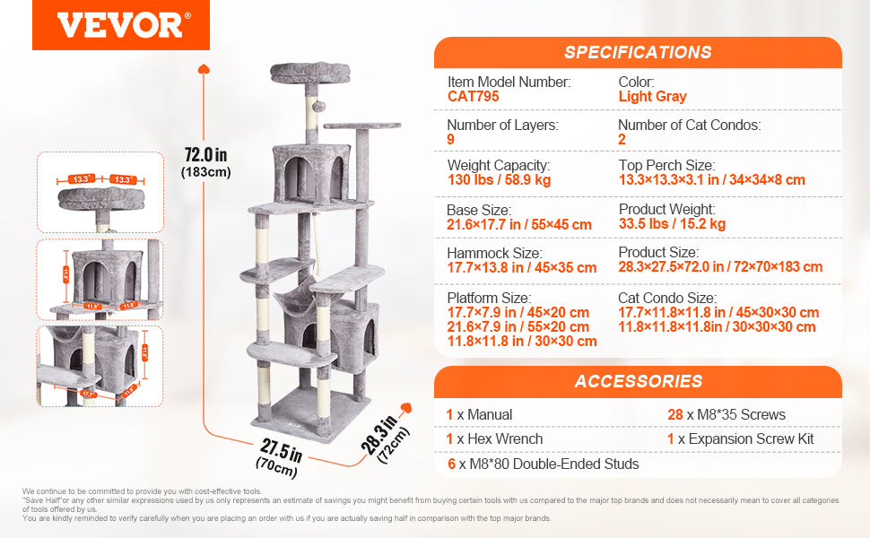 Árbol Rascador SucceBuy para Gatos de Interior | Torre con Cueva, Poste de Sisal, Hamaca y Plataformas - Gris Oscuro