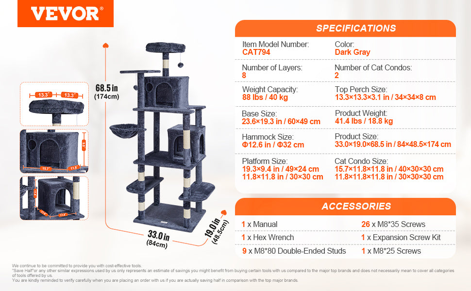 Árbol Rascador SucceBuy para Gatos de Interior | Torre con Cueva, Poste de Sisal, Hamaca y Plataformas - Gris Oscuro