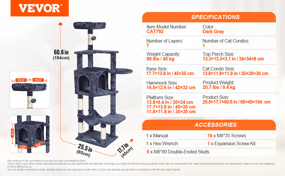 Árbol Rascador SucceBuy para Gatos de Interior | Torre con Cueva, Poste de Sisal, Hamaca y Plataformas - Gris Oscuro