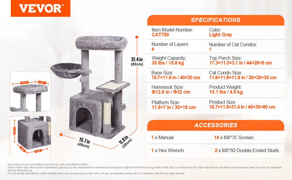 Árbol Rascador SucceBuy para Gatos de Interior | Torre con Cueva, Poste de Sisal, Hamaca y Plataformas - Gris Oscuro