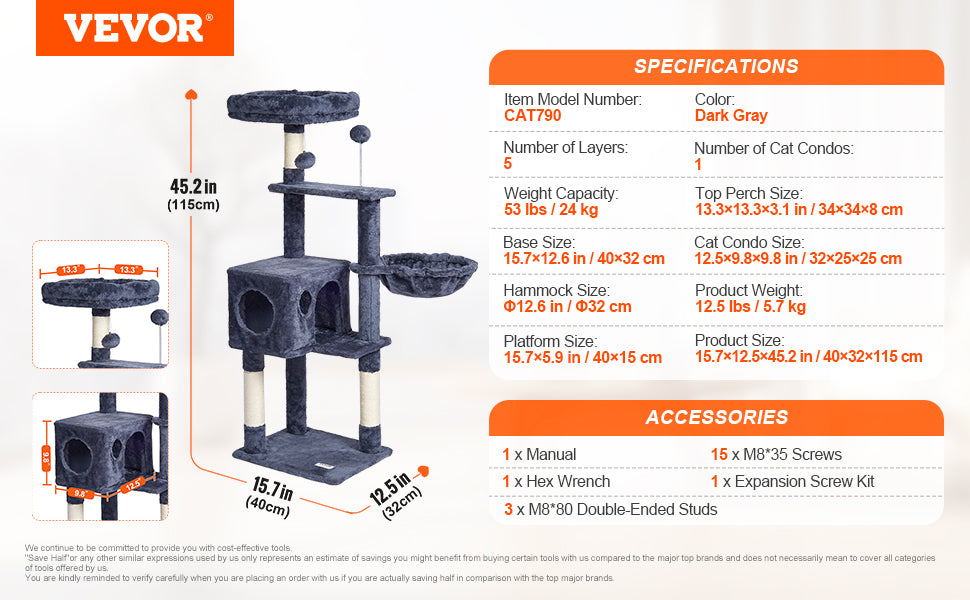 Árbol Rascador SucceBuy para Gatos de Interior | Torre con Cueva, Poste de Sisal, Hamaca y Plataformas - Gris Oscuro
