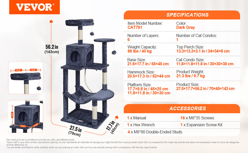 Árbol Rascador SucceBuy para Gatos de Interior | Torre con Cueva, Poste de Sisal, Hamaca y Plataformas - Gris Oscuro