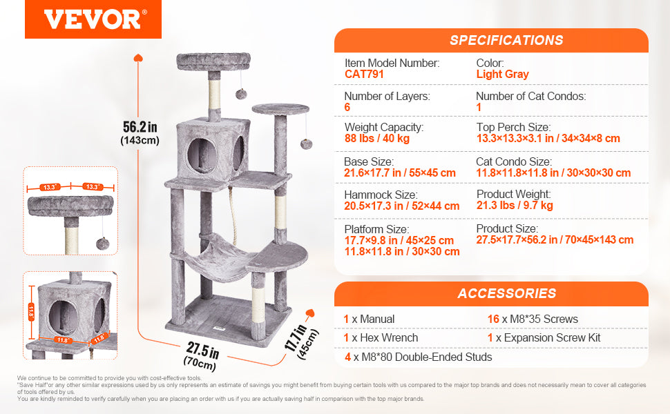 Árbol Rascador SucceBuy para Gatos de Interior | Torre con Cueva, Poste de Sisal, Hamaca y Plataformas - Gris Oscuro