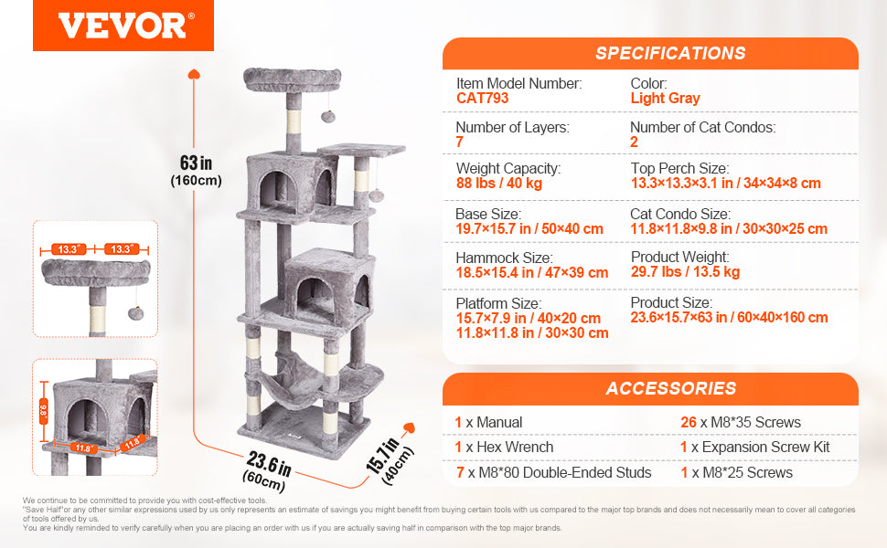 Árbol Rascador SucceBuy para Gatos de Interior | Torre con Cueva, Poste de Sisal, Hamaca y Plataformas - Gris Oscuro