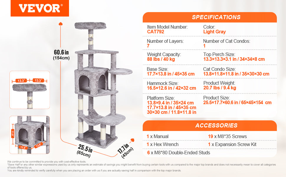 Árbol Rascador SucceBuy para Gatos de Interior | Torre con Cueva, Poste de Sisal, Hamaca y Plataformas - Gris Oscuro