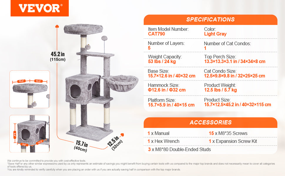 Árbol Rascador SucceBuy para Gatos de Interior | Torre con Cueva, Poste de Sisal, Hamaca y Plataformas - Gris Oscuro