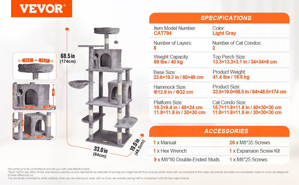 Árbol Rascador SucceBuy para Gatos de Interior | Torre con Cueva, Poste de Sisal, Hamaca y Plataformas - Gris Oscuro