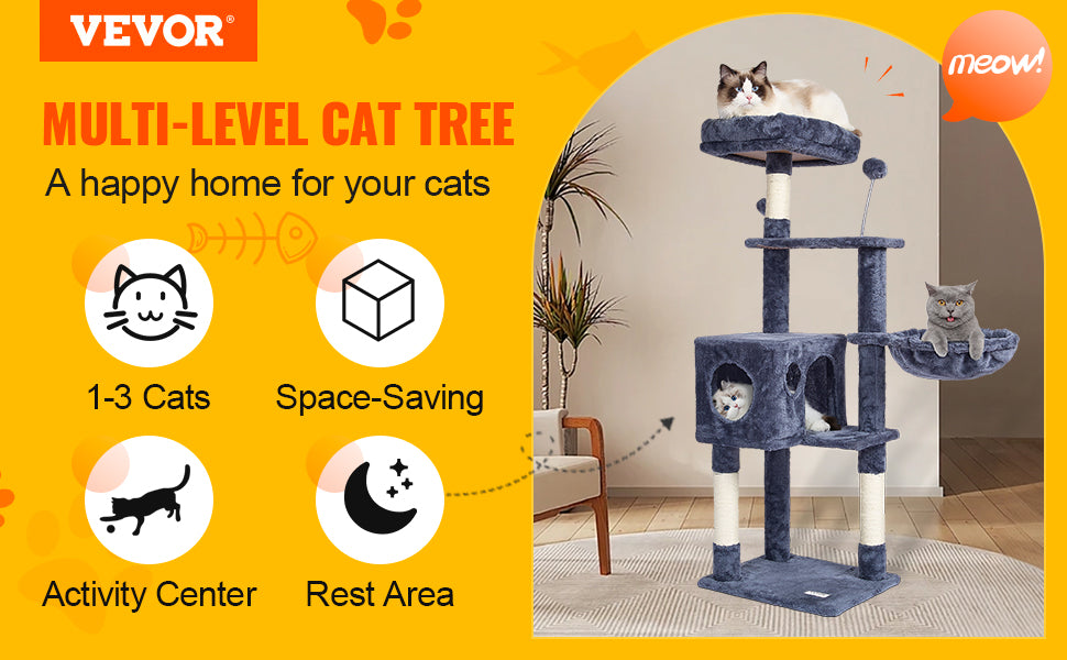 Árbol Rascador SucceBuy para Gatos de Interior | Torre con Cueva, Poste de Sisal, Hamaca y Plataformas - Gris Oscuro