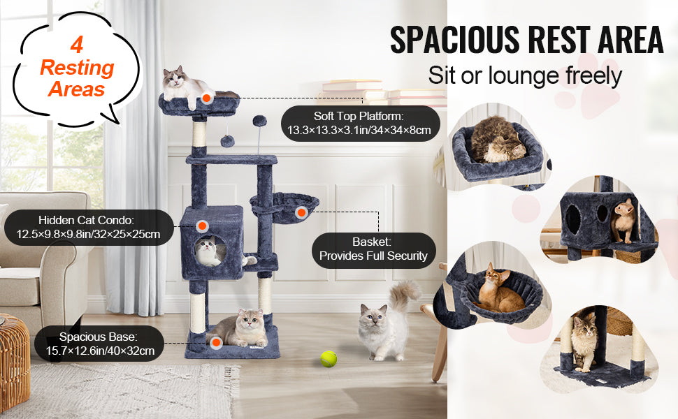 Árbol Rascador SucceBuy para Gatos de Interior | Torre con Cueva, Poste de Sisal, Hamaca y Plataformas - Gris Oscuro