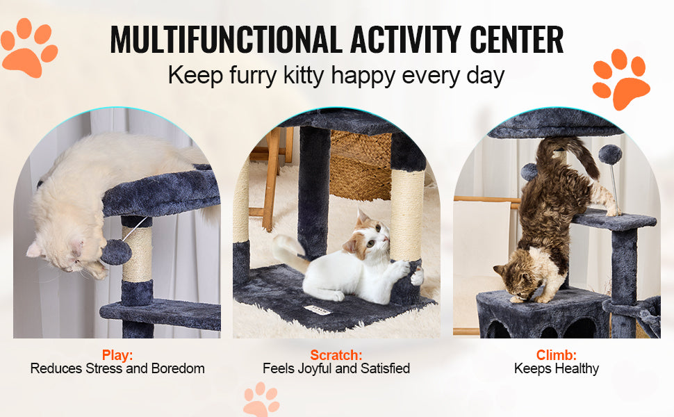 Árbol Rascador SucceBuy para Gatos de Interior | Torre con Cueva, Poste de Sisal, Hamaca y Plataformas - Gris Oscuro