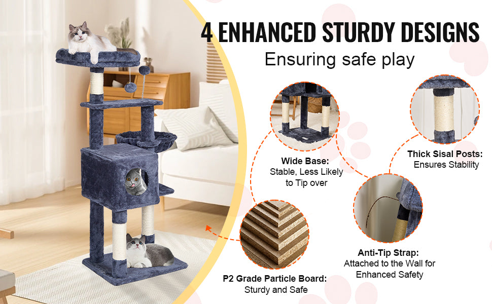 Árbol Rascador SucceBuy para Gatos de Interior | Torre con Cueva, Poste de Sisal, Hamaca y Plataformas - Gris Oscuro