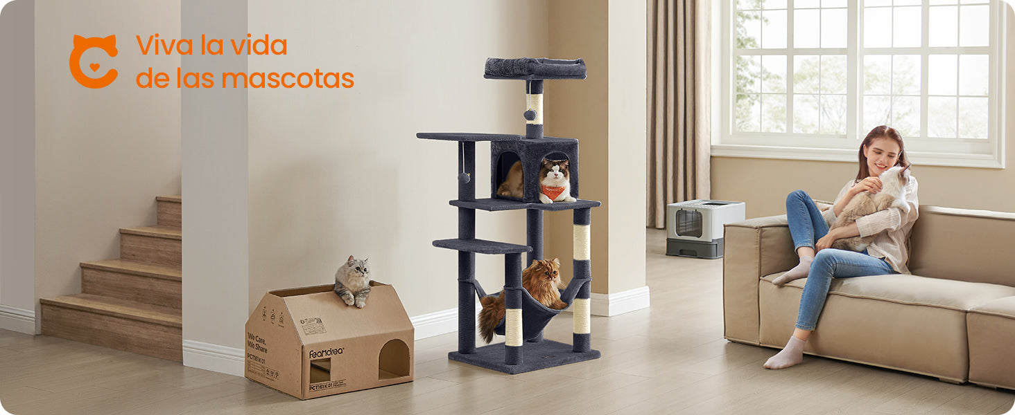 Árbol Rascador para Gatos 143 cm | Torre con Cueva, Rascadores y Perchas – Modelo Feandrea